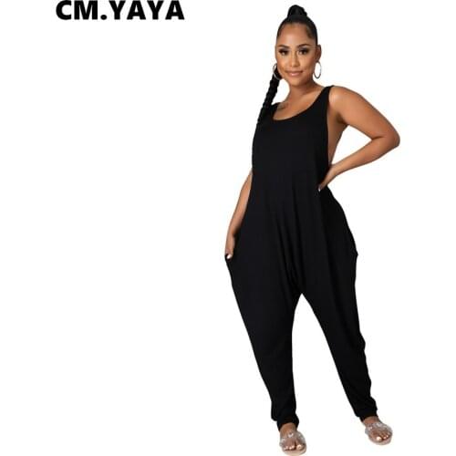 CM.YAYA Women Jumpsuit Solid Sleeveless O-neck Loose Jumpsuits with Pockets Casual One Piece Overalls Summer Fashion Outfits