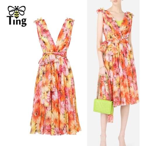 Tingfly Vogue New Sunfloral Flower Print Flowy Summer Party Dinner Dress Women Vintage Elegant Fashion Midi Long Dress Goblincor