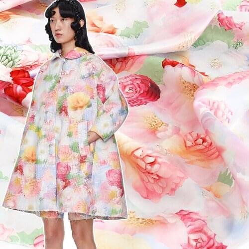New spring/summer Europe niche brand pink and tender watery flowers high-precision inkjet clothing jacket digital printing fabri