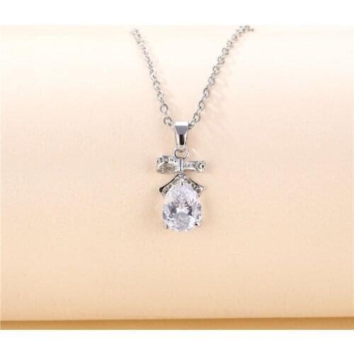 White Zircon Water Drop Stone Necklace Boho Silver Color Bowknot Small Pendant Necklaces For Women Titanium Steel Chain Necklace
