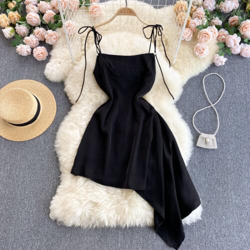 Sexy Women Black Adjustable Bow-tied Spaghetti Strap Mini Dress Summer Sleeveless High Waist A-line Irregular Club Party Dress