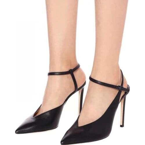 Thin High Heel Black Leathe Shoes Ankle Buckle Sexy Pointed Toe Cut Out Dress Women Shoes Concise Narrow Strap Pumps