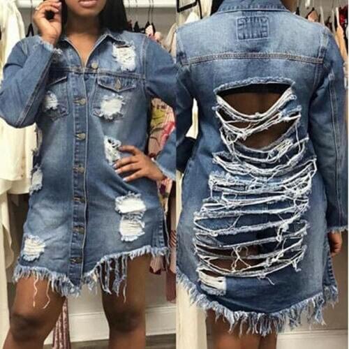 2019 New Fashion Womens Hole Patch Denim Jackets Lady Fashion Long Sleeve Ripped Distressed Denim Long Jacket Coat Outwear
