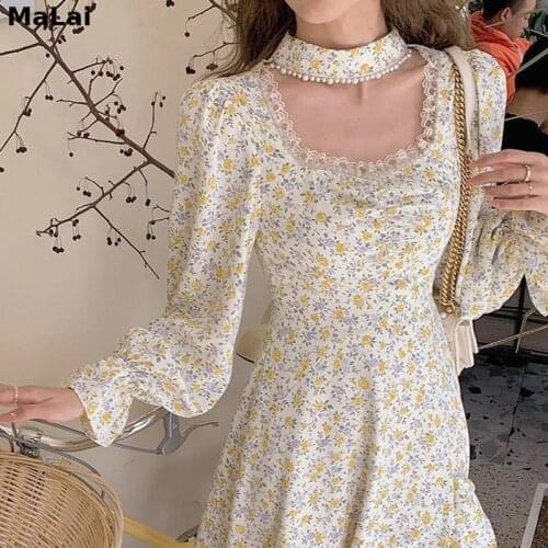 Women Casual Long Sleeve Floral Dresses Korean Style Vintage Midi Dresses Evening Party Office Lady Lace-Up 2021 Summer Chic