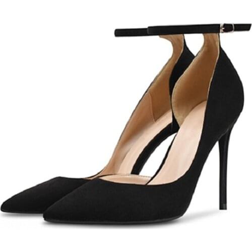 Spring and summer new pointed toe side air buckle stiletto heel suede sandals banquet dress large size custom womens shoes