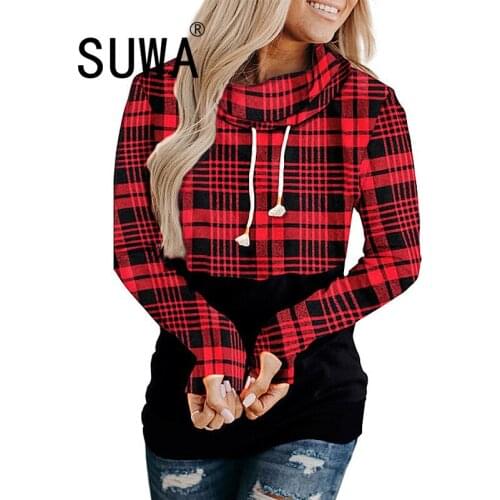 Women Red Plaid Printed Pullover Sweatshirt Retro Top Long Sleeve Slim-Fit High Street Fashion Wholesale Clothing