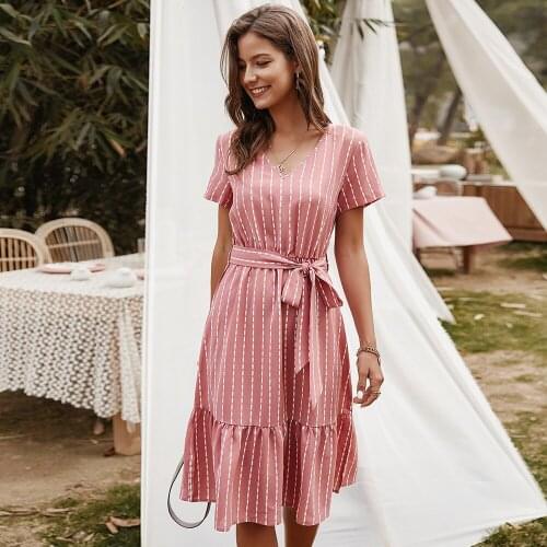 Ladies Deep-V Striped Midi Dress Elegant Summer Short Sleeve Work Wear A-Line Dress Chic Women High Waist Sash Ruffle Hem Dress