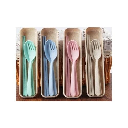3PCS/Set Wheat Cutlery With Box Straw Portable Travel Dinner Sets For Students Kithen Tableware Dining Appliance Set