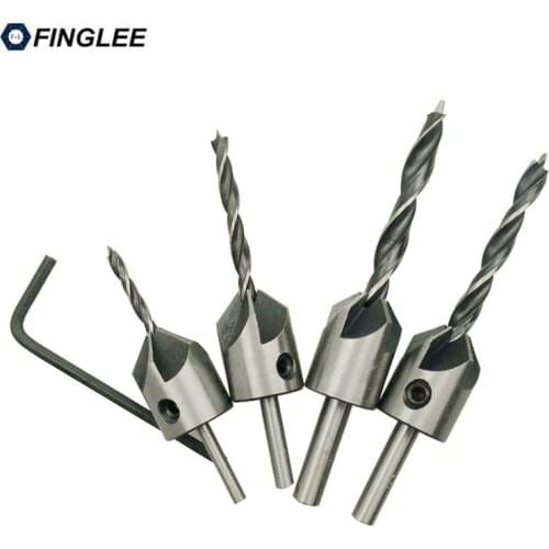 FINGLEE 4pcs 3,4,5,6mm HSS Countersink Power Tool Drill Bits Set 5 flutes Woodworking Chamfer Countersinks Bit Reamer
