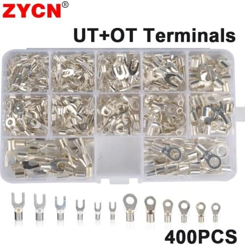 400PCS 12 IN 1 Set UT Fork-Shaped Terminal OT Round Bare Non-Insulated Cable Wire Connector Crimp Tinned Copper Cold Pressed