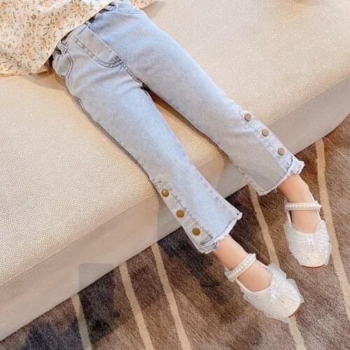 Childrens Bottom Elastic Waist Boot Cut Pants Medium-Washed Denim Pants for Kids Casual Trousers Button Decoration Jeans Pants