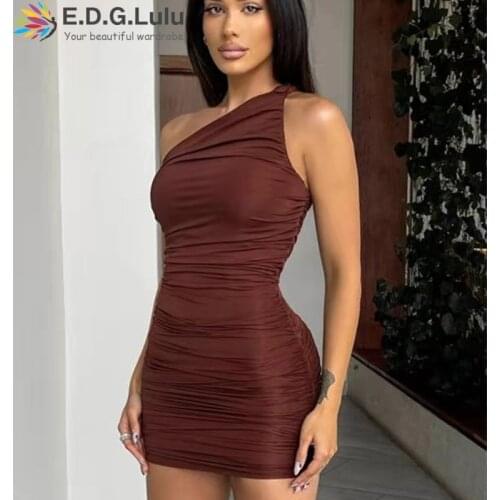 EDGLuLu Summer Sexy Club One Shoulder Women Bodycon Ruched Mini Dresses For Women Party Sleeveless Black Dress 0312
