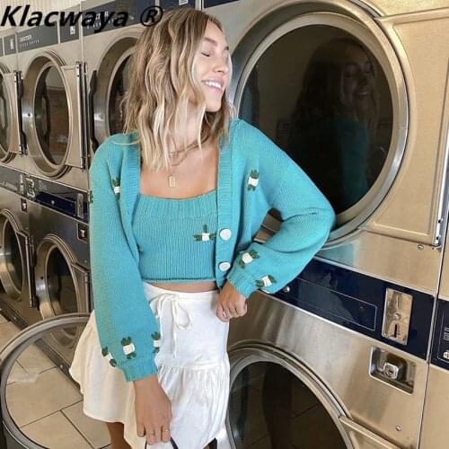Klacwaya 2021 Women Sweater Two Pieces Set Ladies Vintage Flower Embroidery Sweet Girl Knitted Vest Sling Female Knitte Cardigan