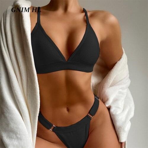 Sexy Solid Brazilian Swimsuit Women Bikini Mujer 2021 Summer Triangle Swimwear 2 Piece High Cut Backless Swimming Suit For Women