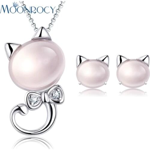 MOONROCY Drop Shipping Silver Color Cute Cat Fashion Crystal Ross Quartz Pink Opal Necklace and Earrings Jewelry Set for Women