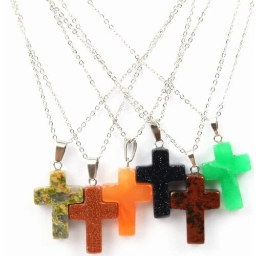 Wholesale Natural Stone Pendant Cross Pendant Natural Stone Golden Sand Stone Necklace Premium Stainless Steel Necklace