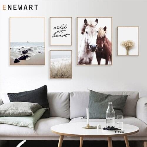 Beach Nature Scenery Canvas Painting Wild Weed Landscape Poster Nordic Horse Print Modern Wall Art Decoration Picture Home Decor