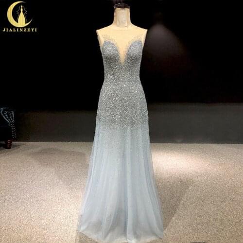 Rhine real Pictures blue luxurious beads Tulle sexy floor length prom dress evening dresses long