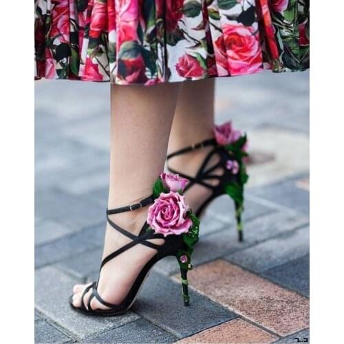 Flower Decor Crisscross Sandals Hollow Cut Out Open Toe Ankle Buckle T-stage Shoes Runway Party Club Sweet Girl Sandals Handmade