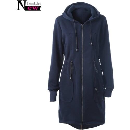 Newbestyle Long Hooded Sweatshirts Hoodies Women With Pockets Zipper Hoodies Jackets Feminine Solid Drawstring Outerwear Moletom