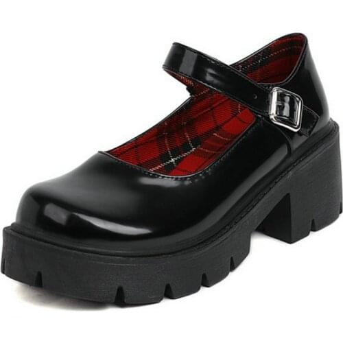 ZawsThia Patent PU Leather Round Toe British Japanese Sweet Girls Shoes Platform Chunky Heels Buckle Strap Mary Janes Pumps Lady
