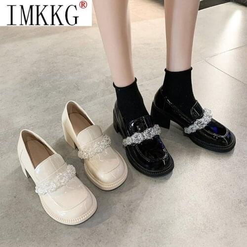 Round Toe British Style Shoes Women Retro Big Toe All-match Loafers Crystal Floral High Heel Sweet Lolita Mary Jane Shoes