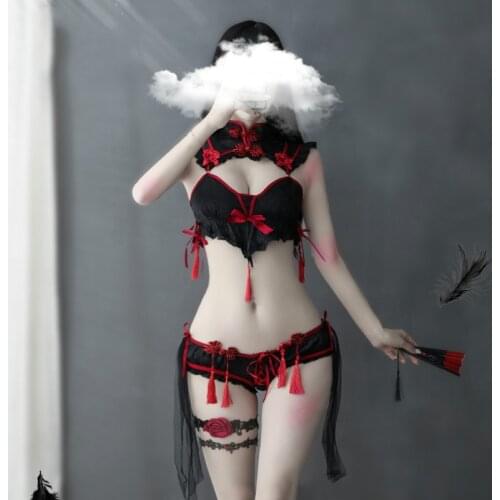 Japanese Sexy Lingerie Cosplay Costume Babydoll Dress Women Hot Erotic Gothic Punk Little Devil Bra Set White Cheongsam Party
