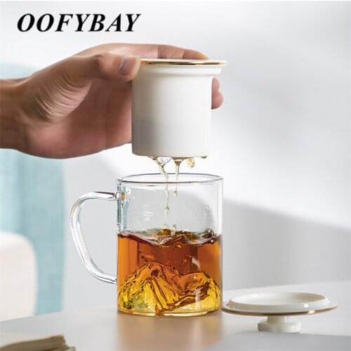 Japanese Glass Heat Resistant Tea Water Separation Cup Transparent Filter Flower Tea Mug with Ceramic Liner Drinkware 390ML