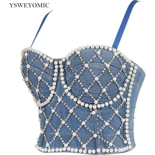 2021 Corset Brallet Original Denim Camisole Female Pearl Diamond Beading Sexy Crop Top Bustier Bra Night Club Party Tank Tops