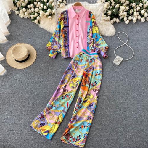 Summer Blouses Vintage Long Sleeve Two-piece Suit Womens Shirt 2021 Fashion Design Printed Suit Female Shirts Streetwear Tops