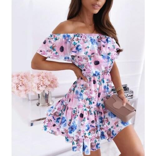 Elegant Floral Printed Ruffle Dress Off Shoulder Sexy A-line Mini Dresses For Women 2021 Casual Beach Summer Dress 2021