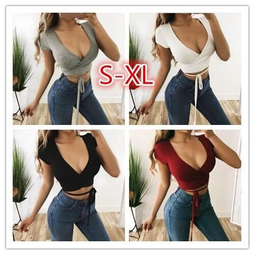 2021 Summer Women Casual Tank Crop Tops Vest Sexy Deep V-Neck Off Shoulder short T-Shirt Nightclub Wear