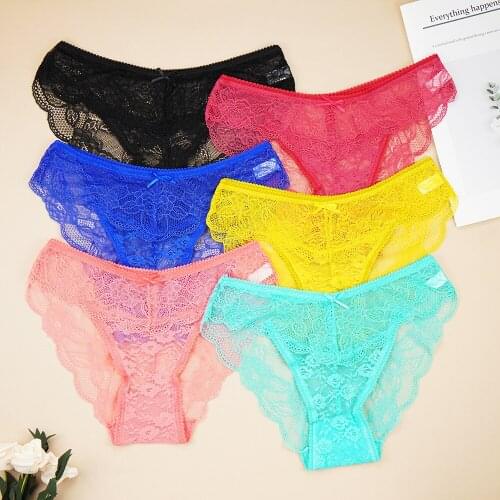 6pcs/Pack! Sexy G String Lace Women Panties Transparent Underwear bikini Thong Female Lace Floral Bow Soft Lingerie wholesale