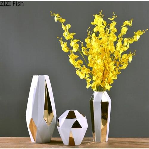 European Gilded Porcelain Vase Living Room Decoration Simple Flower Arrangement Geometry Gilt Ceramic Vases Modern Home Decor