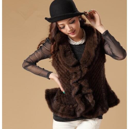 European Womens Real Knitted Mink Fur Vest Ruffle Collar Lady Slim Waistcoat Female Gilet VF0522