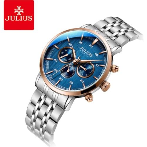 Julius watch JAH-100 Mens New Arrival 6 Hands Multi-function Business Watch Blue Dial Stainless Steel Clock Luxury Gift Watch