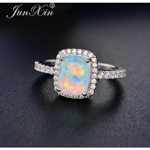 JUNXIN Mystic White/Blue/Green Fire Opal Rings For Women Silver Color AAA Zircon Square Birthstone Wedding Ring