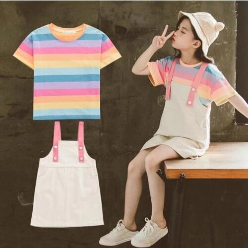 Kids Clothing Sets For Girls Summer Tracksuit Striped T-Shirt & Strap Dress Outfits Girls Sport Suit Teen Children Clothes