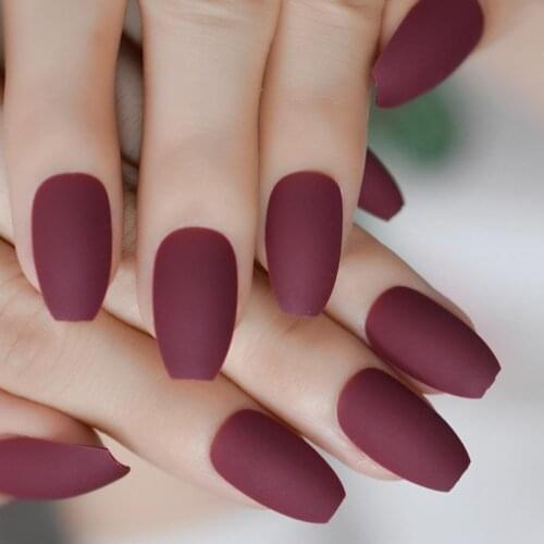 Matte Coffin Press on Nail Art Tips Burgundy Red Medium False Ballerina Nails Flat Shape Manicure Fake Nail Tips for Women Girl
