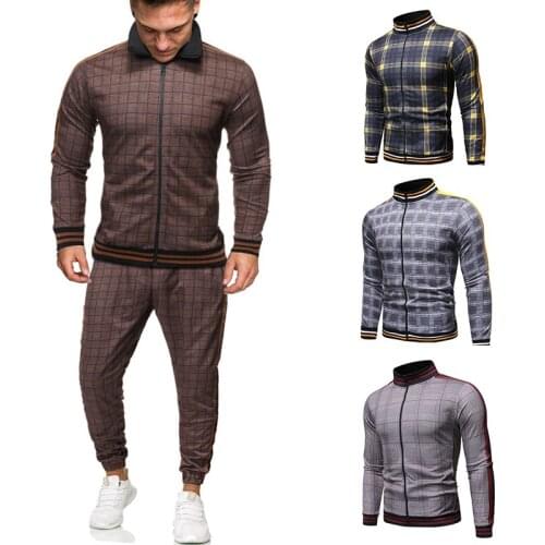 2021 Gentlemen Mens SetsTracksuit Men Zipper Fashion Sporting Suit Brand Plaid Sweatshirt+Sweatpants Clothing 2 Pieces Sets