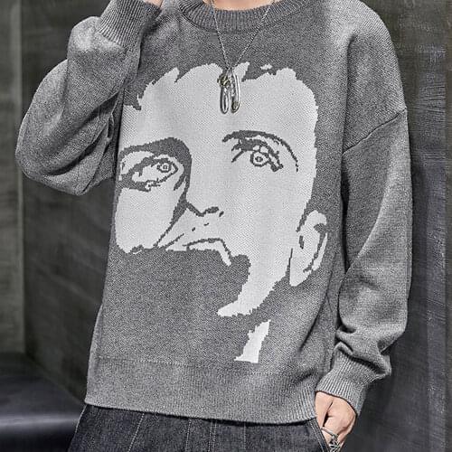 Autumn Wild Casual Men Sweater Portrait Printed Long Sleeve O-Neck Fashion Style Fitting Knit Pullover Tops Daily Clothing