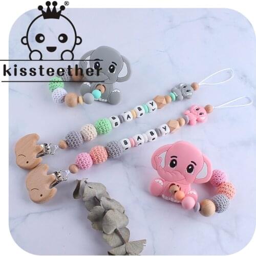 Kissteether Elephant Set Pacifier Clips Holder Chain Silicone Beads Plastic Letter BPA-Free Infant Newborn Dummy Nipple Chain