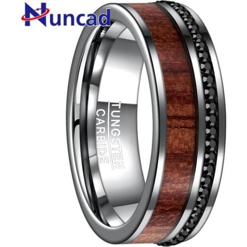 Nuncad New 8MM Wide Steel Color Polished Plane Bevel Inlaid Wood Grain Black Crystal Tungsten Steel Ring Mens Fine Jewelry