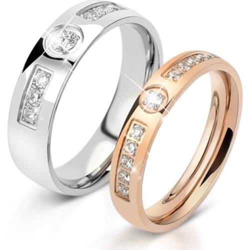 Stainless steel inlay zircon couple ring rose gold silver color ring