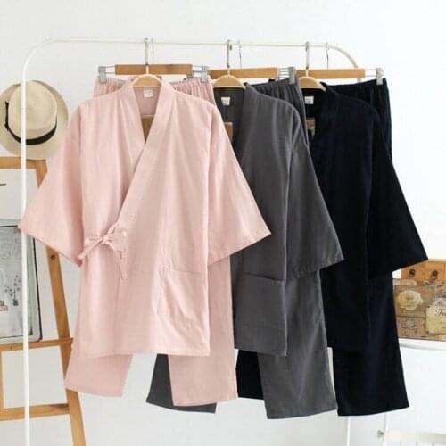 Hot Lovers Kimono Solid Color Cotton Short Sleeve Pajamas Sleepwear Home Wear Pink Grey Black Suit 204-139