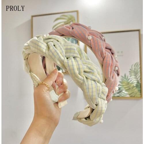 PROLY New Fashion Womens Headwear Fresh Lattice Cloth Twist Braid Pearls Hairband Casual Headband Adult Hair Accessories