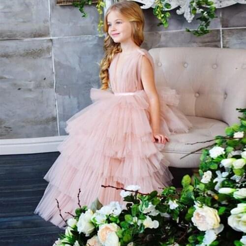 Pink Charming Flowers Girls Dresses Tulle V-Neck Sleeveless Backless Ball Gowns Novia Do 2021 New Party Cute Kids