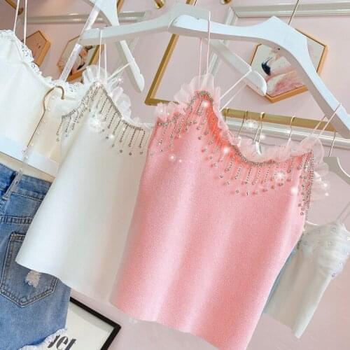 Super Beauty Tassel Sling Top Womans Knitted Shirt Sexy Slim Strappy Top Rhinestones Diamond Tassel Camisole Top Female Tops