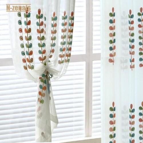 Custom String of Grass Embroidered Curtains for Living Room and Bedroom Embroidered Leaves Left and Right Biparting Open
