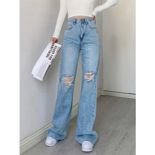 LMQ NEW 2021 Women European American Retro Wild Loose Thin High Waist Knee Hole Denim Wide Leg Mopping Straight Leg Micro Pants